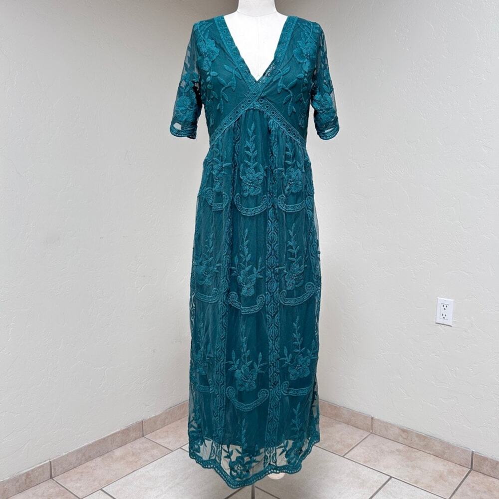 Teal Lace Maxi Dress Wedding Guest Sheer Embroidered Boho Romantic Women M